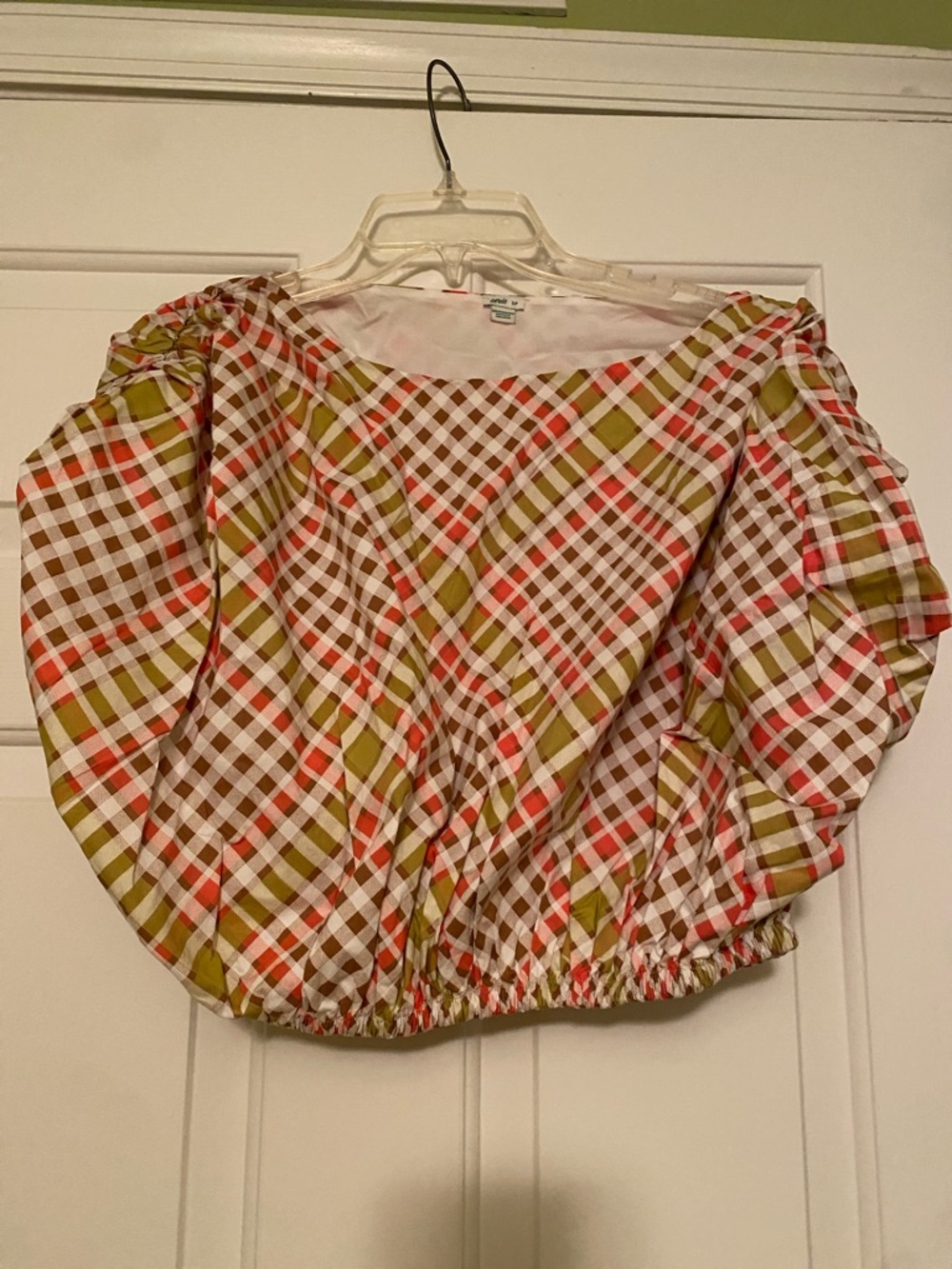 🔥Bundle 6 for $25🔥 aerie olive coral white Plaid Puff-Sleeve top
